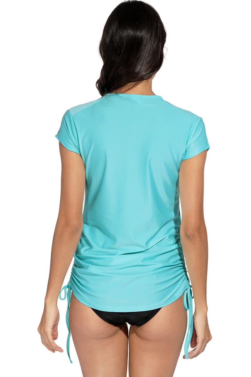 BesserBay Women Rash Guard Short Sleeve Swim Shirts Ruched Front Zipper Rashgaurd Swim Top Auqa L - Image 4
